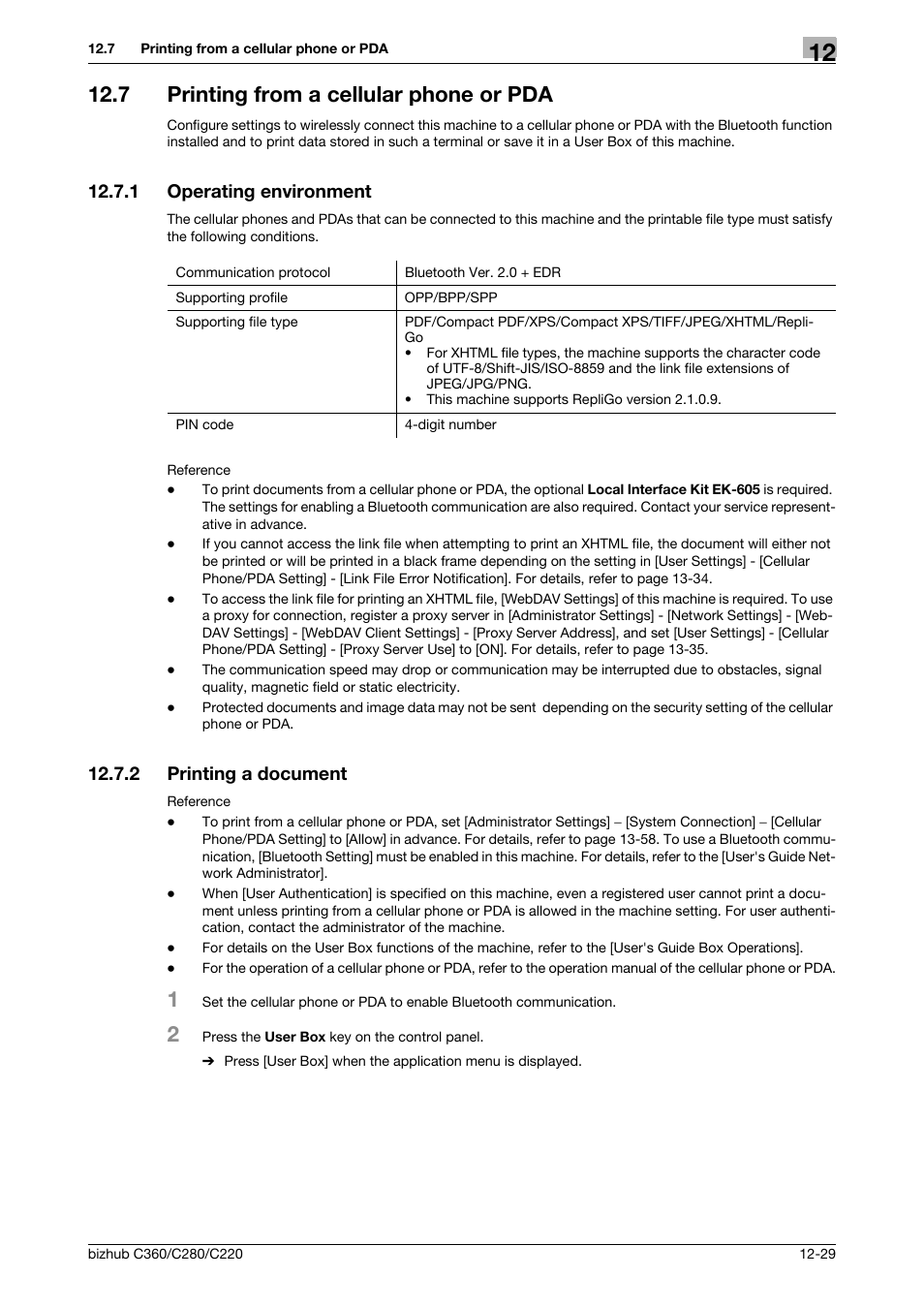 7 printing from a cellular phone or pda, 1 operating environment, 2 printing a document | Printing from a cellular phone or pda -29, Operating environment -29, Printing a document -29 | Konica Minolta BIZHUB C360 User Manual | Page 176 / 311