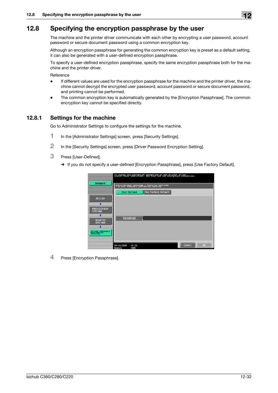 8 specifying the encryption passphrase by the user, 1 settings for the machine, Settings for the machine -32 | Konica Minolta BIZHUB C360 User Manual | Page 179 / 311
