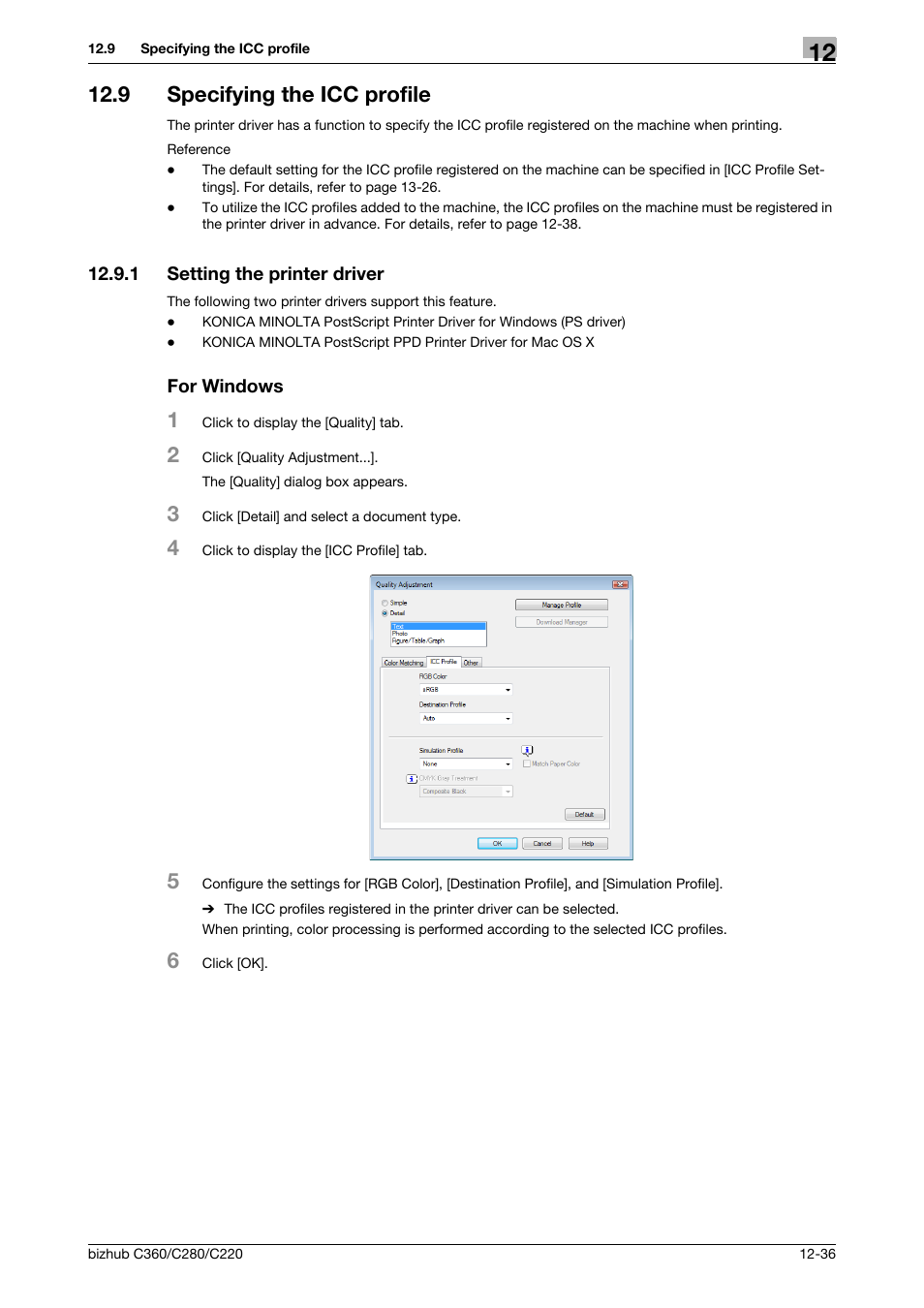 9 specifying the icc profile, 1 setting the printer driver, For windows | Specifying the icc profile -36, Setting the printer driver -36 for windows -36 | Konica Minolta BIZHUB C360 User Manual | Page 183 / 311