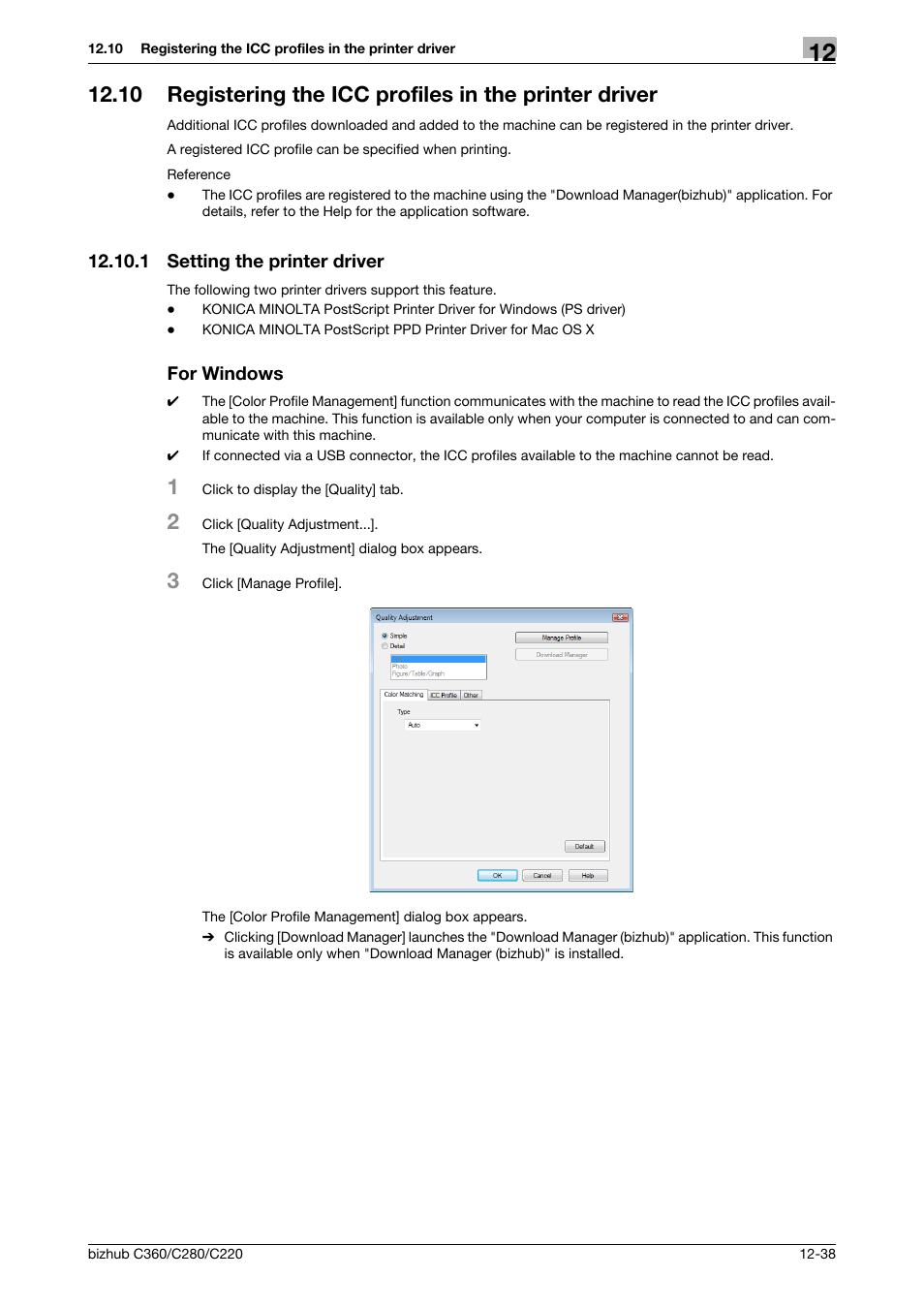 1 setting the printer driver, For windows, Setting the printer driver -38 for windows -38 | Konica Minolta BIZHUB C360 User Manual | Page 185 / 311