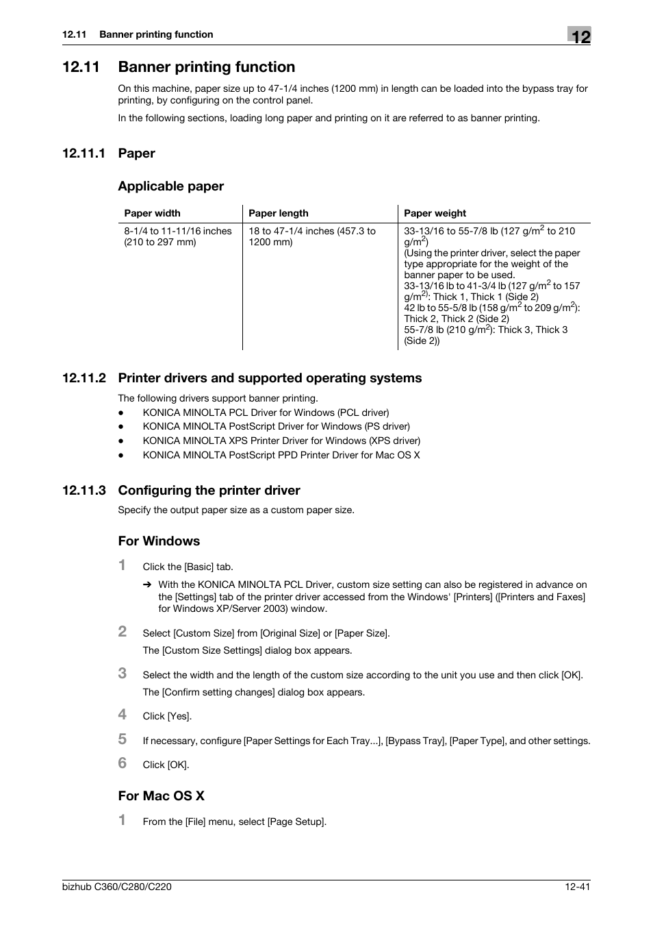 11 banner printing function, 1 paper, Applicable paper | 2 printer drivers and supported operating systems, 3 configuring the printer driver, For windows, For mac os x, Banner printing function -41, Paper -41 applicable paper -41 | Konica Minolta BIZHUB C360 User Manual | Page 188 / 311