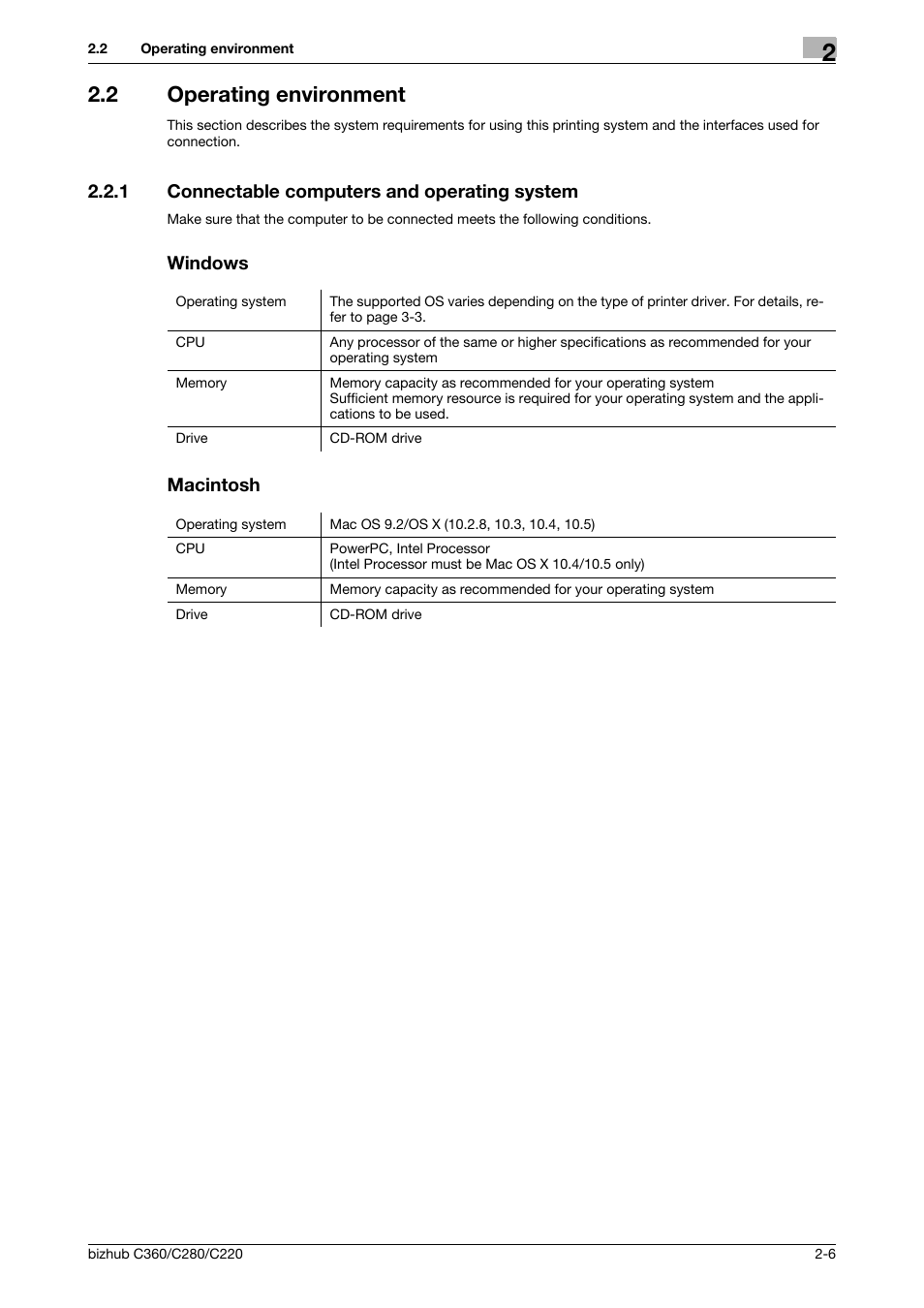 2 operating environment, 1 connectable computers and operating system, Windows | Macintosh, Operating environment -6 | Konica Minolta BIZHUB C360 User Manual | Page 19 / 311