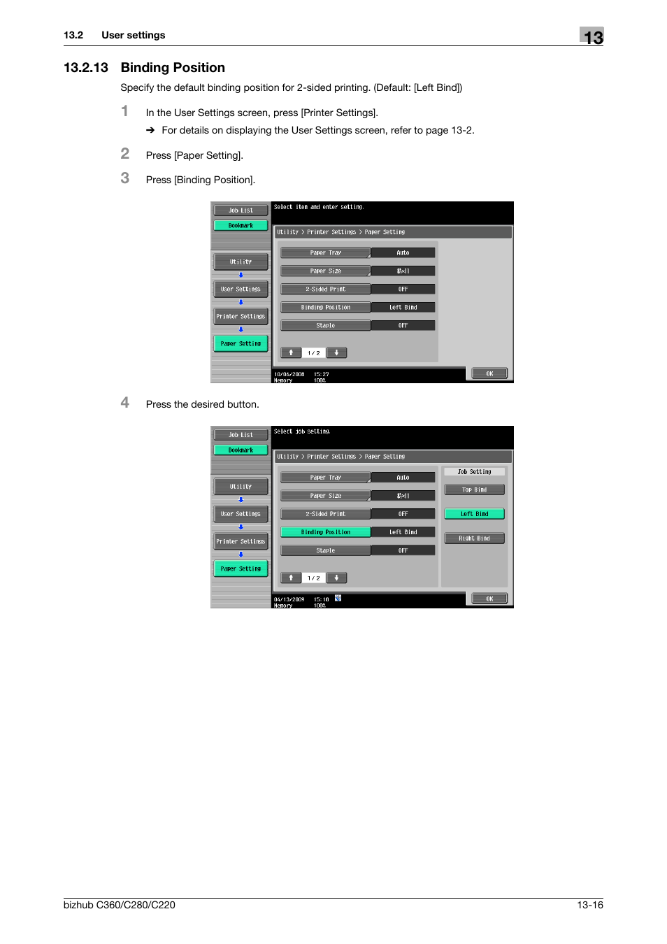13 binding position, Binding position -16 | Konica Minolta BIZHUB C360 User Manual | Page 208 / 311