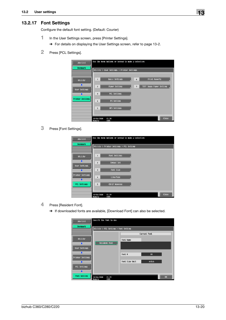 17 font settings, Font settings -20 | Konica Minolta BIZHUB C360 User Manual | Page 212 / 311