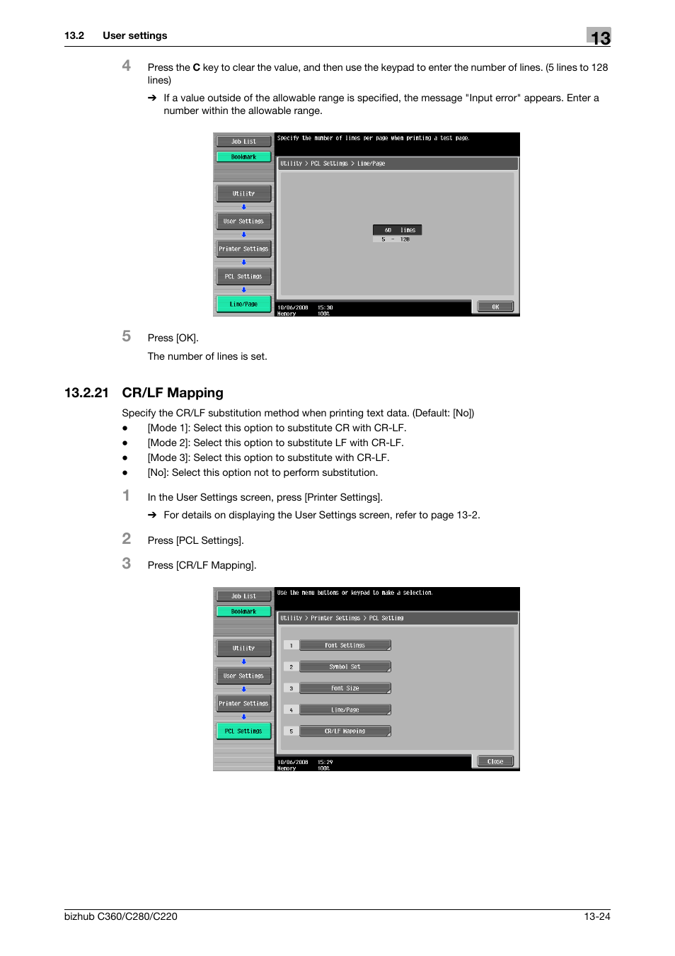 21 cr/lf mapping, Cr/lf mapping -24 | Konica Minolta BIZHUB C360 User Manual | Page 216 / 311