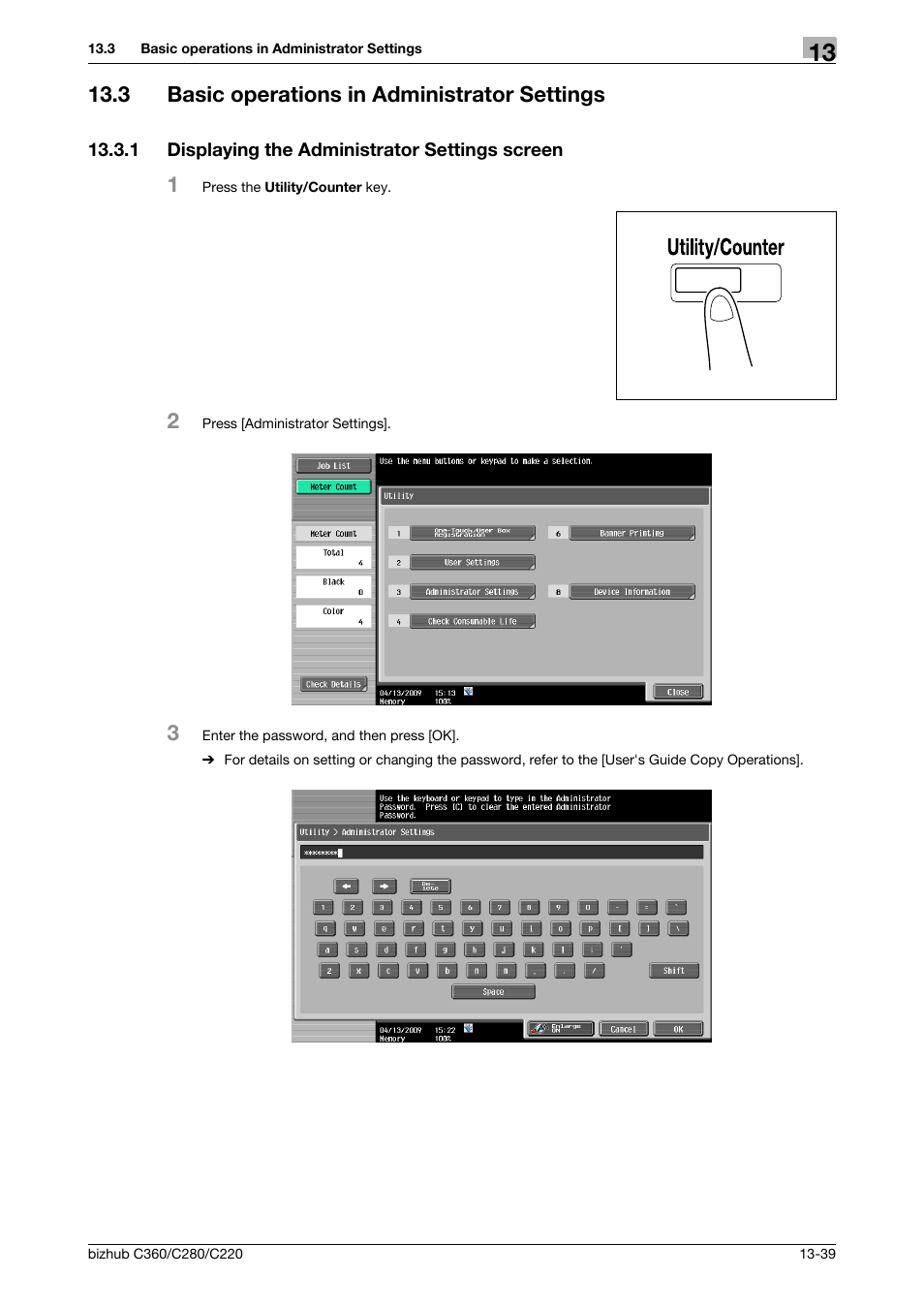 3 basic operations in administrator settings, 1 displaying the administrator settings screen, Basic operations in administrator settings -39 | Displaying the administrator settings screen -39 | Konica Minolta BIZHUB C360 User Manual | Page 231 / 311