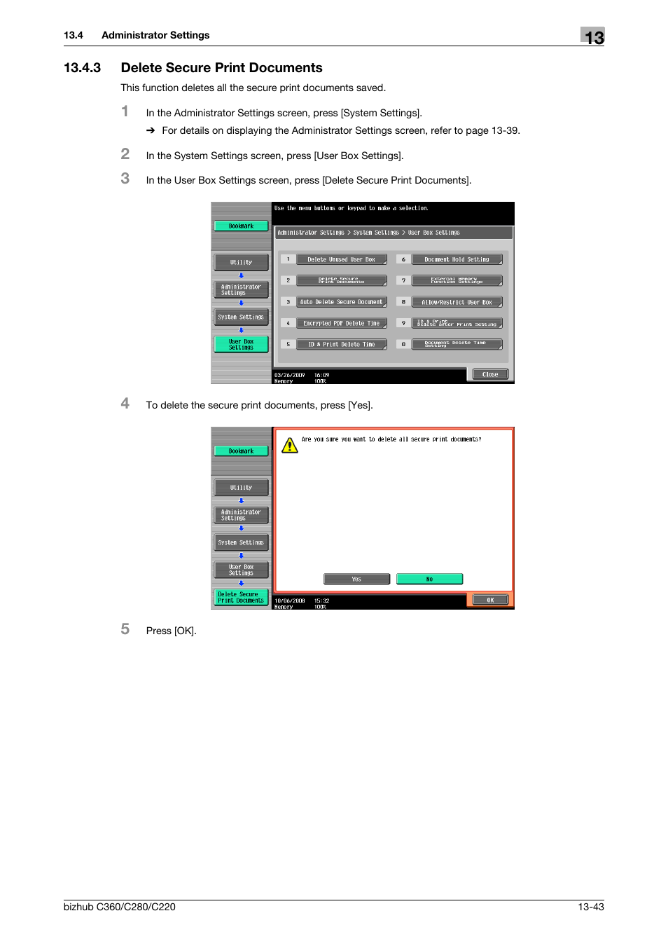 3 delete secure print documents, Delete secure print documents -43 | Konica Minolta BIZHUB C360 User Manual | Page 235 / 311
