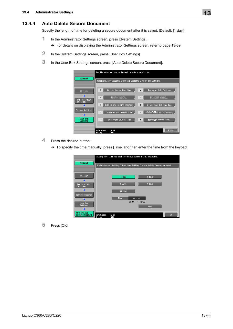 4 auto delete secure document, Auto delete secure document -44 | Konica Minolta BIZHUB C360 User Manual | Page 236 / 311