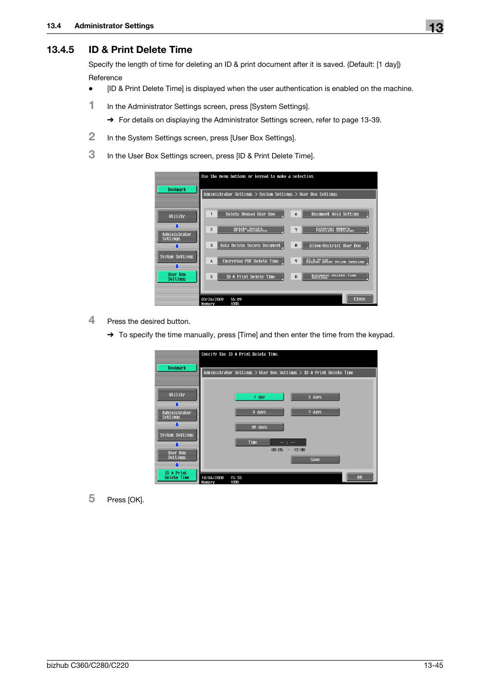 5 id & print delete time, Id & print delete time -45 | Konica Minolta BIZHUB C360 User Manual | Page 237 / 311