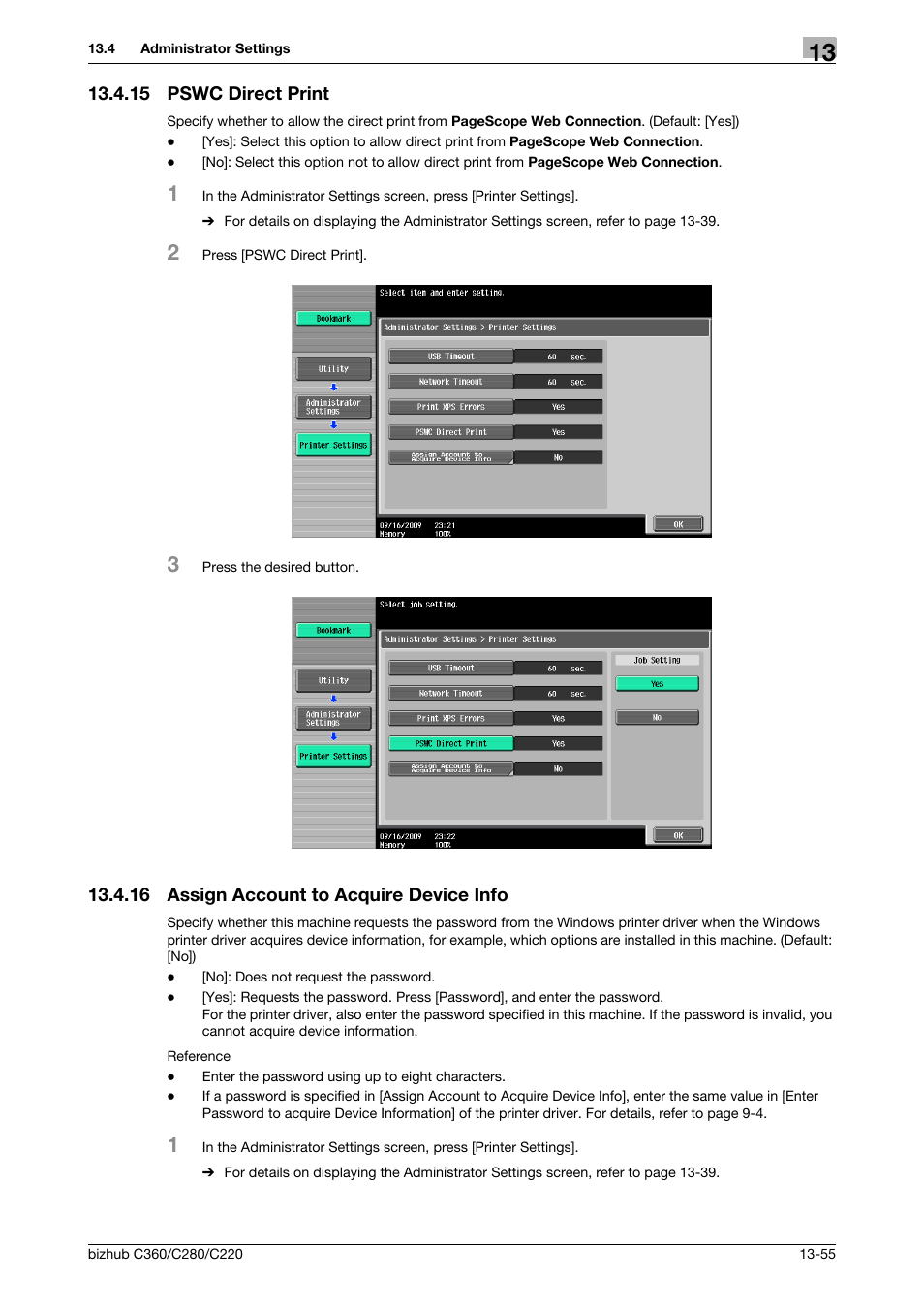 15 pswc direct print, 16 assign account to acquire device info, Pswc direct print -55 | Assign account to acquire device info -55 | Konica Minolta BIZHUB C360 User Manual | Page 247 / 311