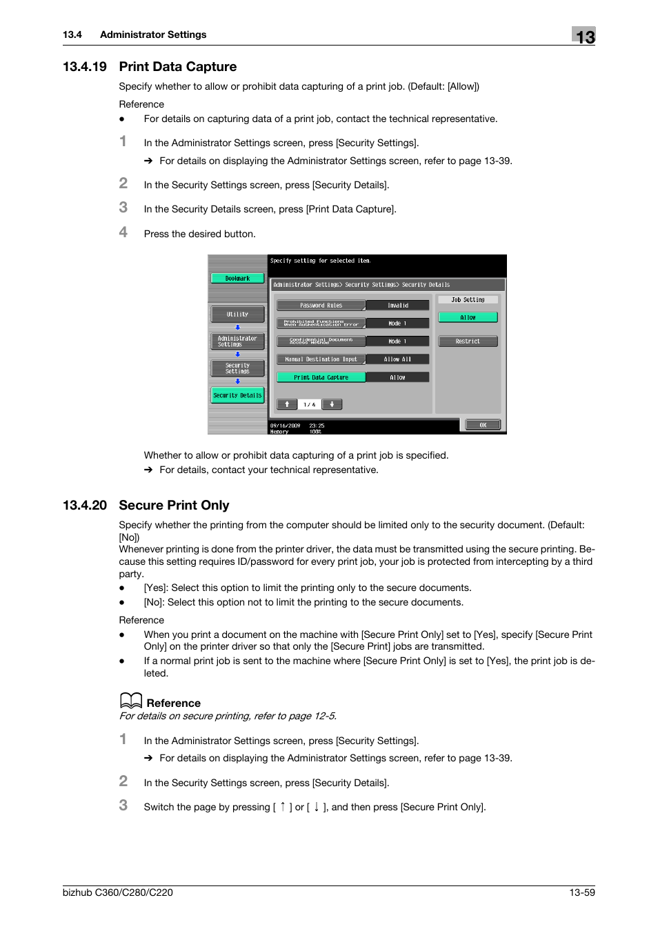 19 print data capture, 20 secure print only, Print data capture -59 | Secure print only -59 | Konica Minolta BIZHUB C360 User Manual | Page 251 / 311