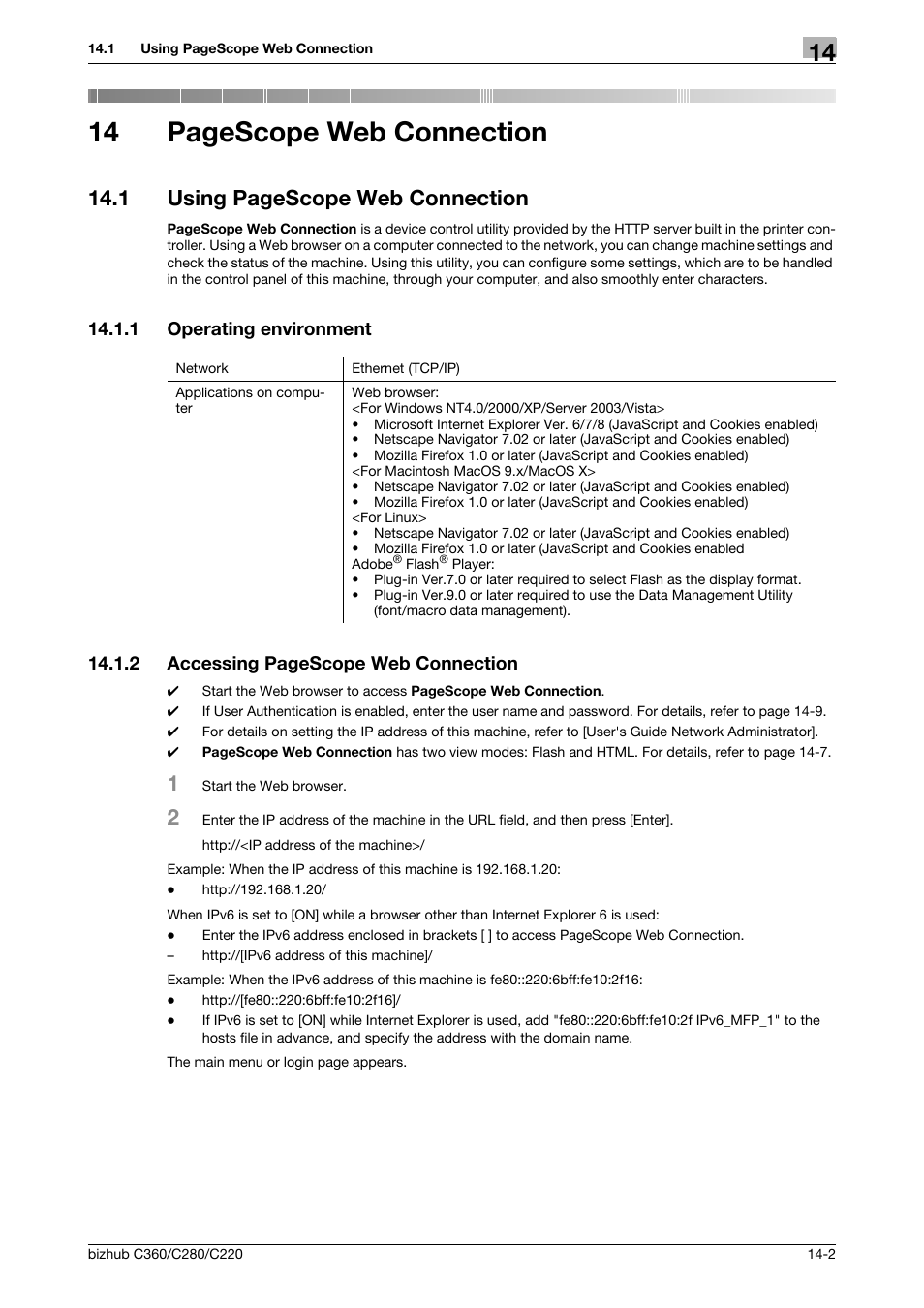 1 operating environment, Operating environment -2, 14 pagescope web connection | 1 using pagescope web connection | Konica Minolta BIZHUB C360 User Manual | Page 255 / 311