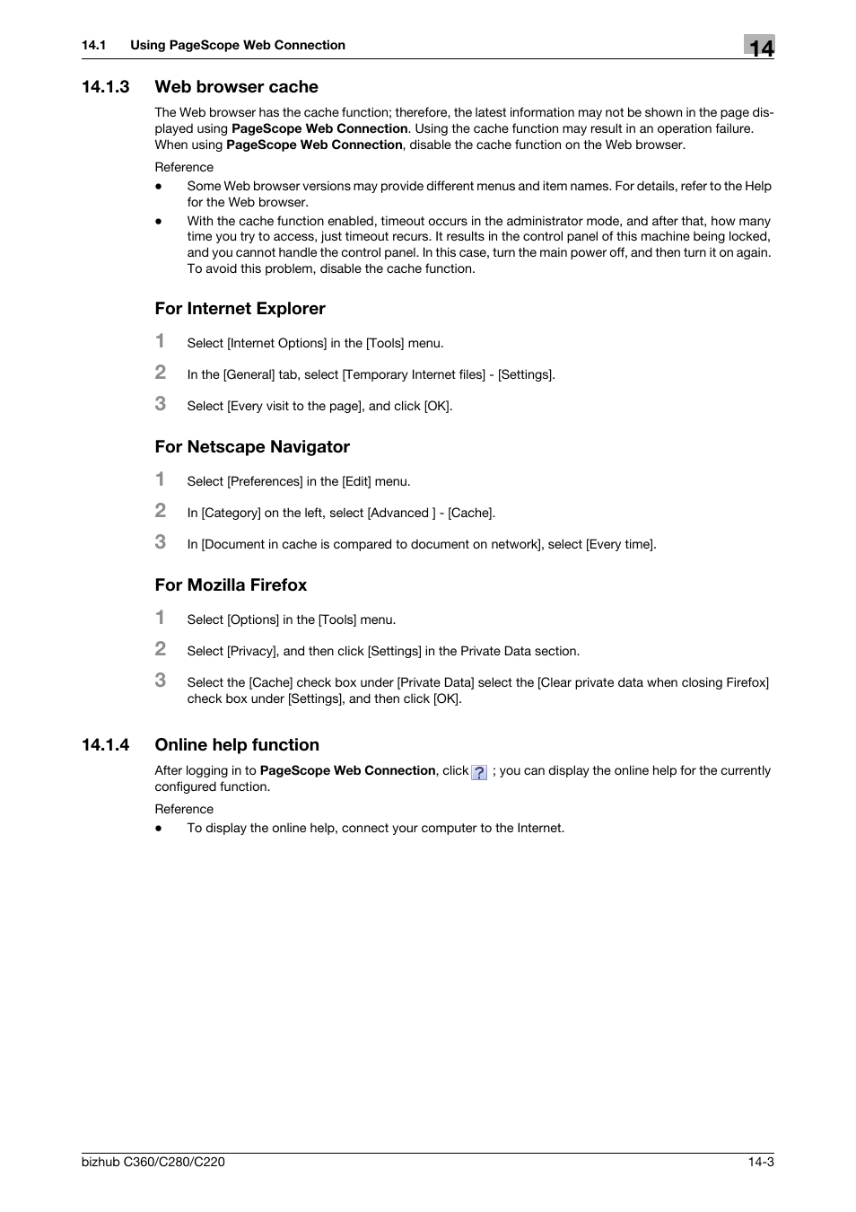 3 web browser cache, For internet explorer, For netscape navigator | For mozilla firefox, 4 online help function, Online help function -3 | Konica Minolta BIZHUB C360 User Manual | Page 256 / 311