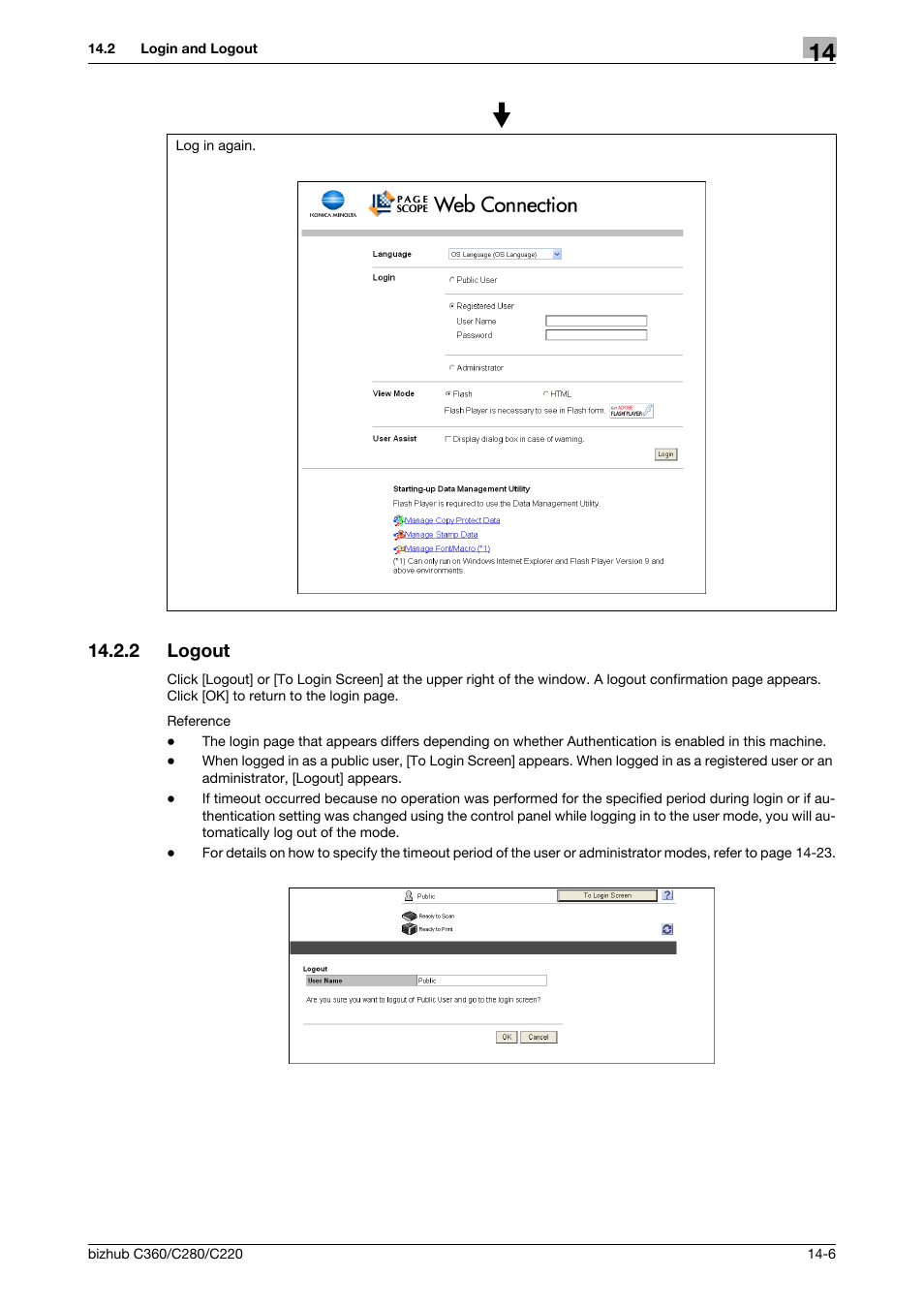 2 logout, Logout -6 | Konica Minolta BIZHUB C360 User Manual | Page 259 / 311