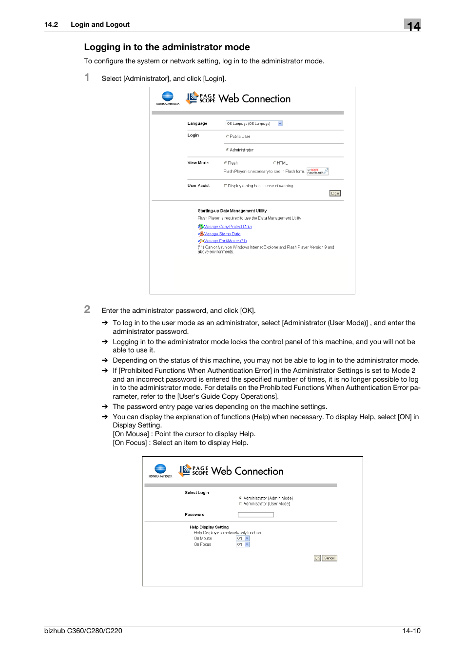 Logging in to the administrator mode, Logging in to the administrator mode -10 | Konica Minolta BIZHUB C360 User Manual | Page 263 / 311