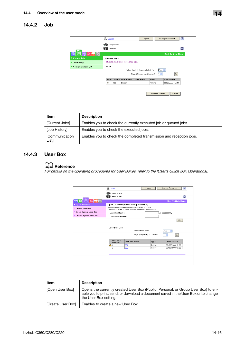 2 job, 3 user box, Job -16 | User box -16 | Konica Minolta BIZHUB C360 User Manual | Page 269 / 311