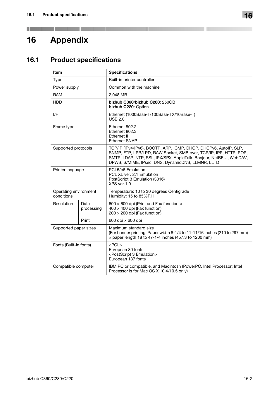 16 appendix, 1 product specifications, Appendix | Product specifications -2 | Konica Minolta BIZHUB C360 User Manual | Page 290 / 311