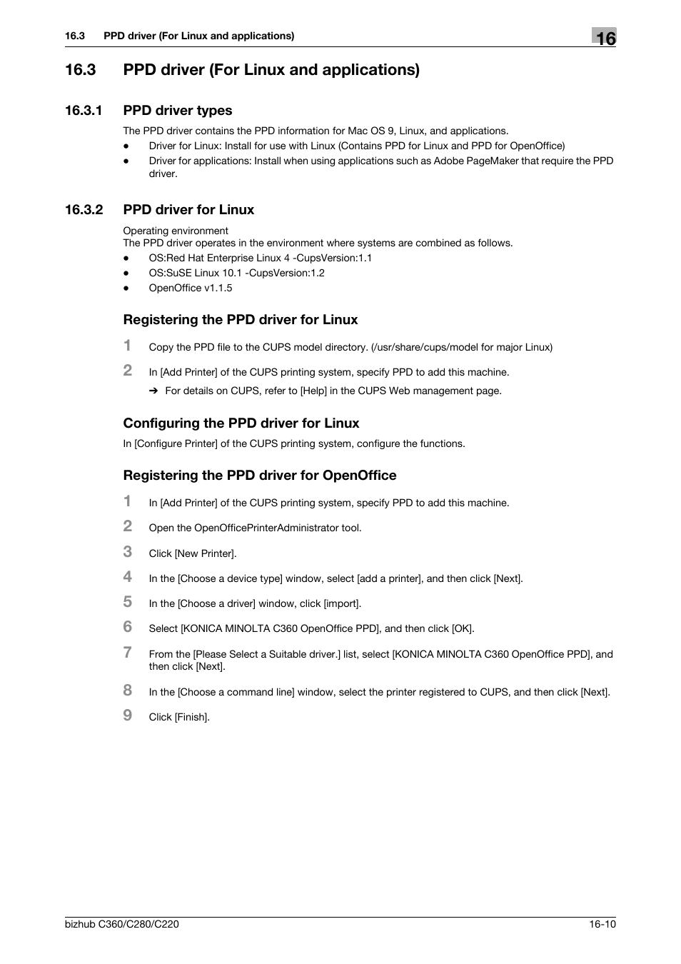 3 ppd driver (for linux and applications), 1 ppd driver types, 2 ppd driver for linux | Registering the ppd driver for linux, Configuring the ppd driver for linux, Registering the ppd driver for openoffice, Ppd driver (for linux and applications) -10, Ppd driver types -10 | Konica Minolta BIZHUB C360 User Manual | Page 298 / 311
