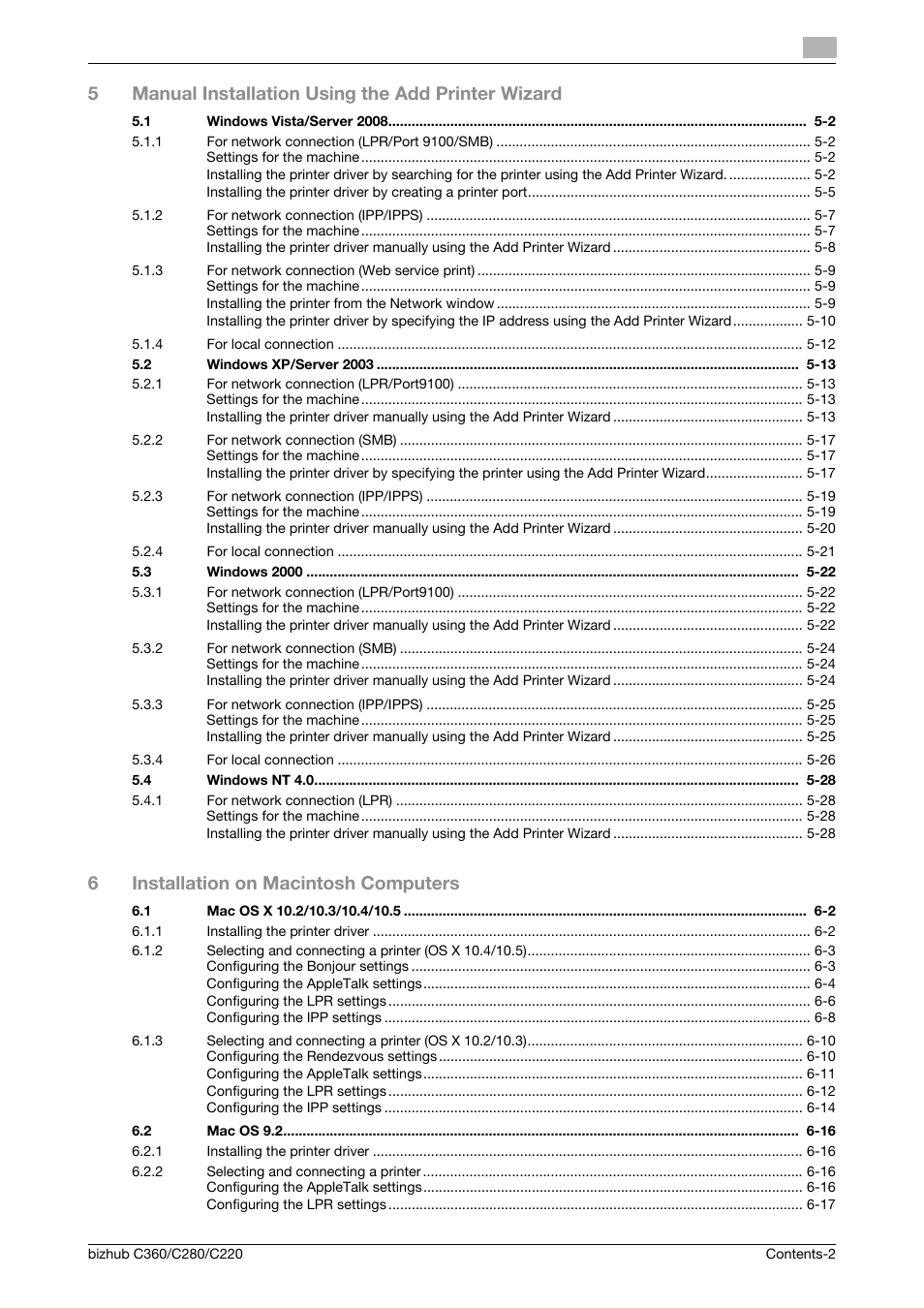 5manual installation using the add printer wizard, 6installation on macintosh computers | Konica Minolta BIZHUB C360 User Manual | Page 3 / 311