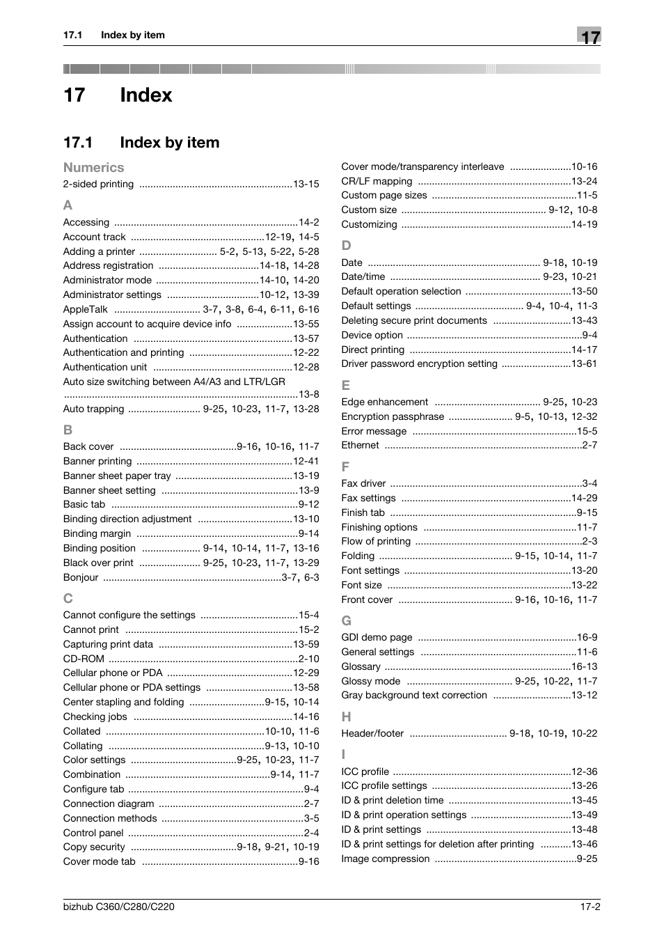 17 index, 1 index by item, A to i | Index, Index by item -2 | Konica Minolta BIZHUB C360 User Manual | Page 306 / 311