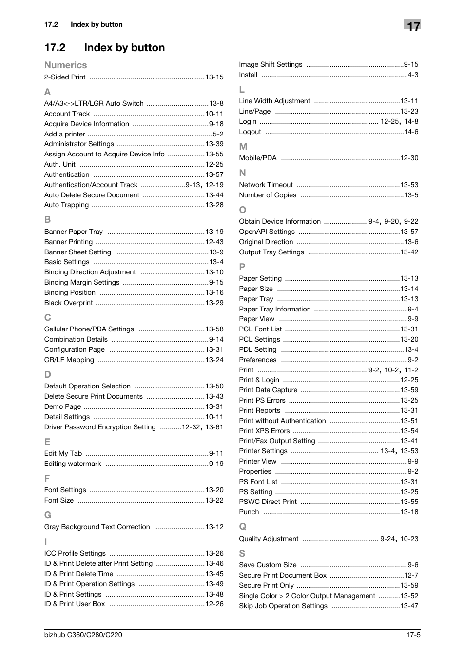 2 index by button, A to s, Index by button -5 | Konica Minolta BIZHUB C360 User Manual | Page 309 / 311
