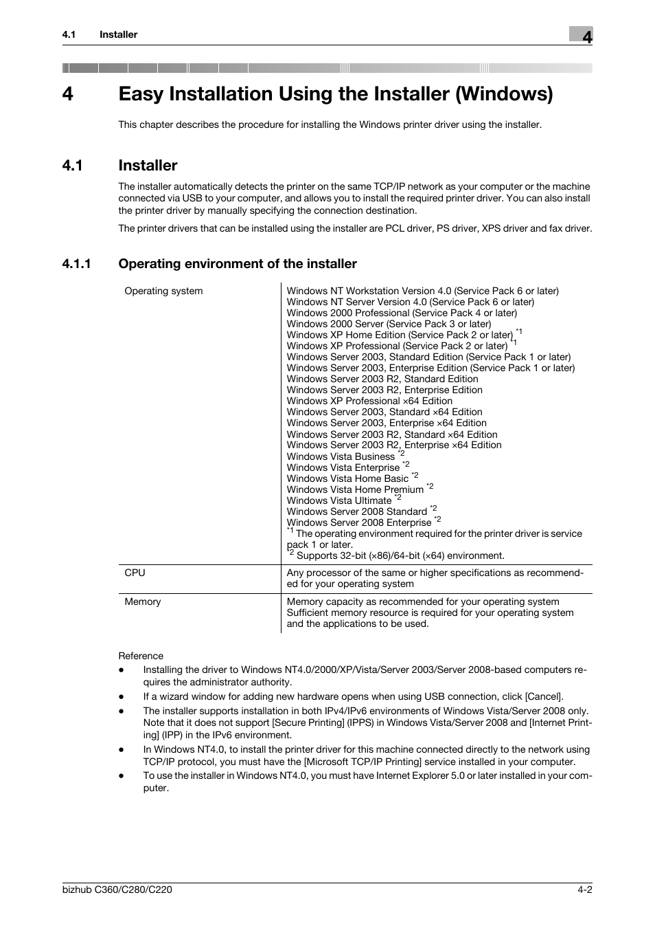 4 easy installation using the installer (windows), 1 installer, 1 operating environment of the installer | Easy installation using the installer (windows), Installer -2, Operating environment of the installer -2, P. 4-2, 4easy installation using the installer (windows) | Konica Minolta BIZHUB C360 User Manual | Page 33 / 311