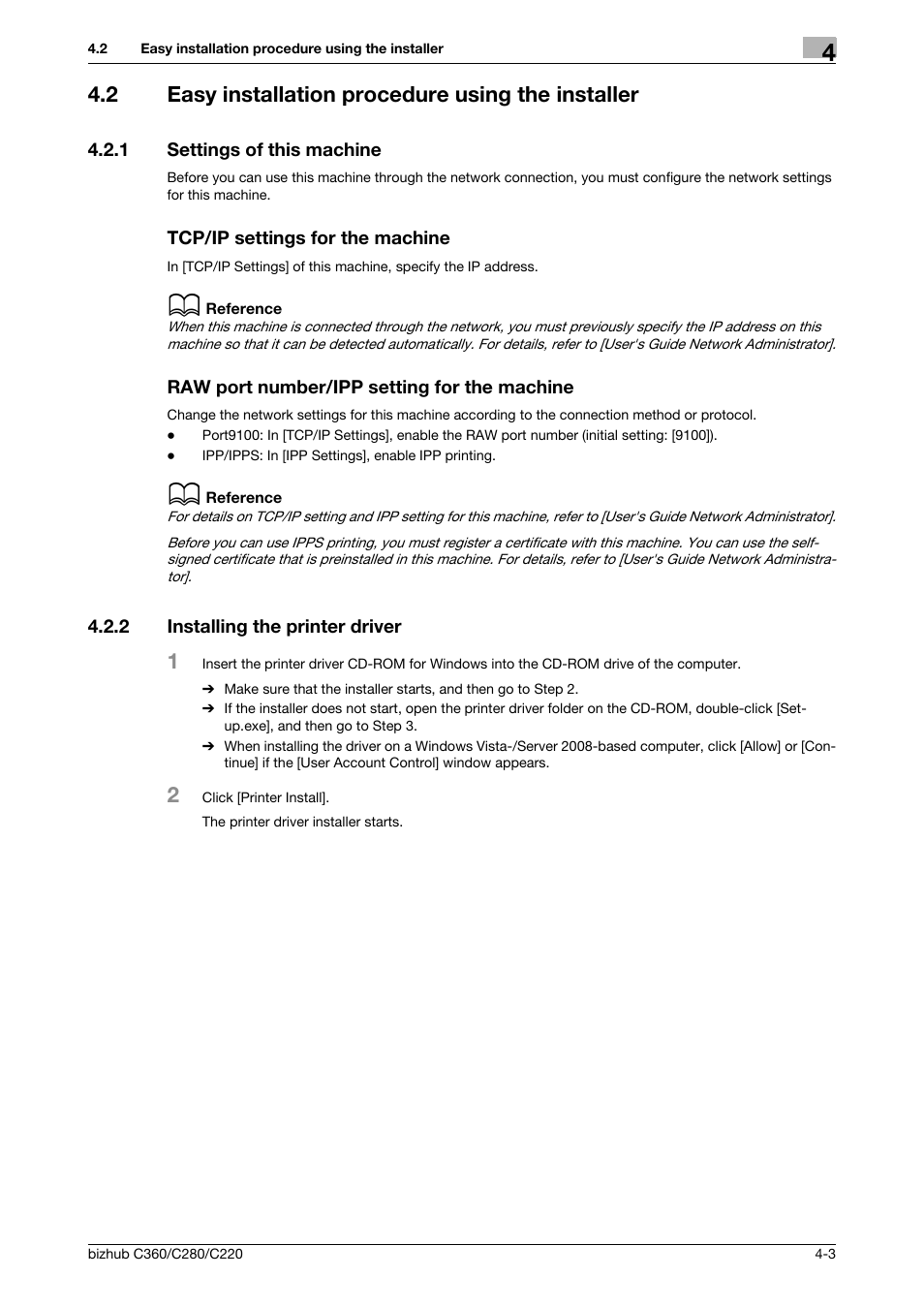 2 easy installation procedure using the installer, 1 settings of this machine, Tcp/ip settings for the machine | Raw port number/ipp setting for the machine, 2 installing the printer driver, Easy installation procedure using the installer -3, Installing the printer driver -3 | Konica Minolta BIZHUB C360 User Manual | Page 34 / 311