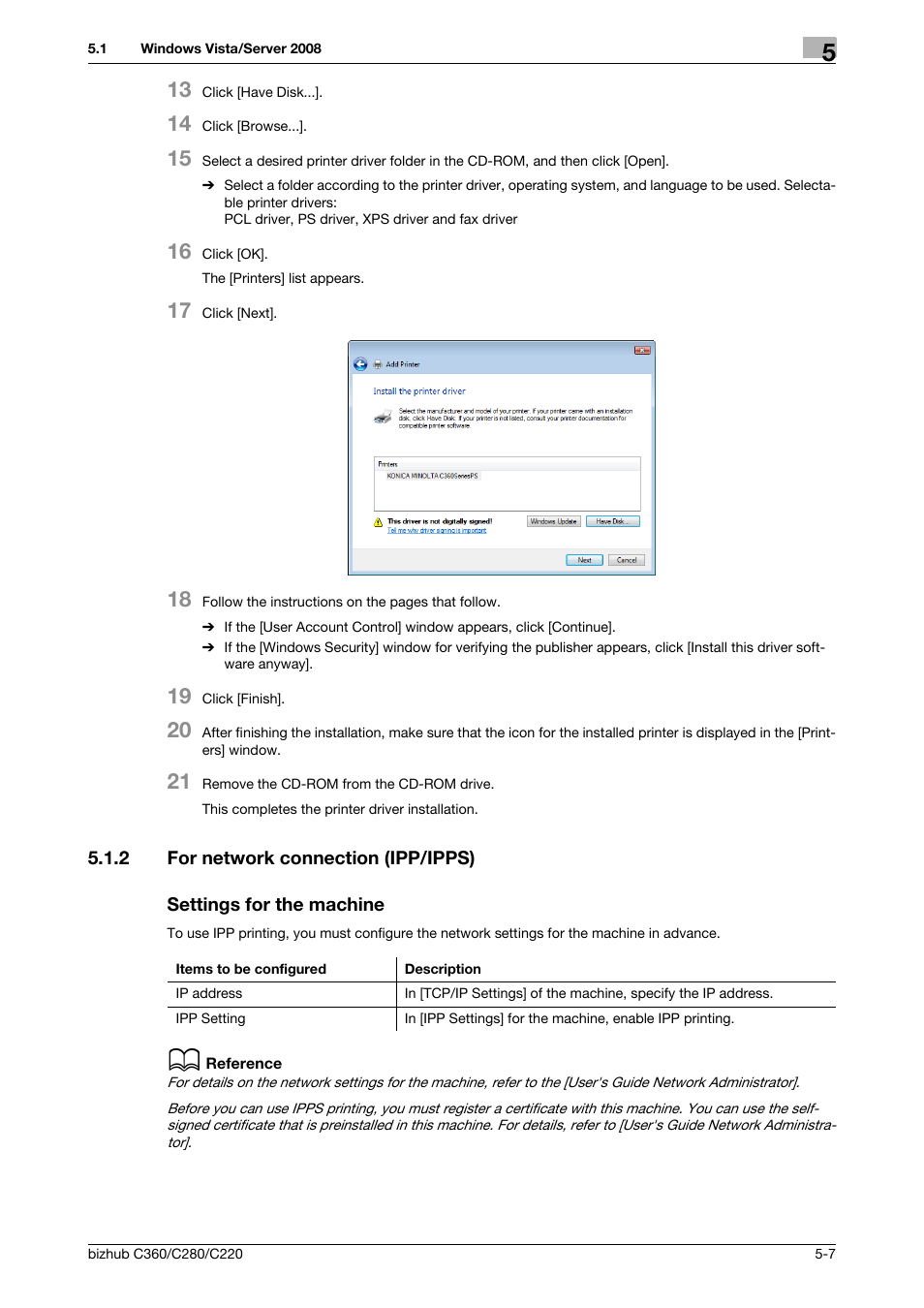 2 for network connection (ipp/ipps), Settings for the machine | Konica Minolta BIZHUB C360 User Manual | Page 44 / 311
