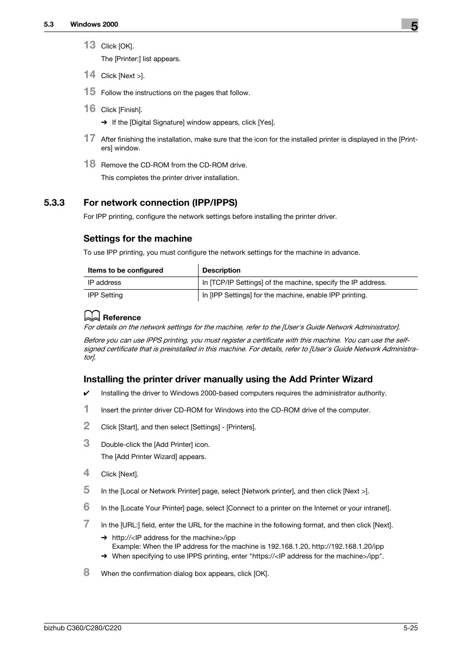 3 for network connection (ipp/ipps), Settings for the machine | Konica Minolta BIZHUB C360 User Manual | Page 62 / 311