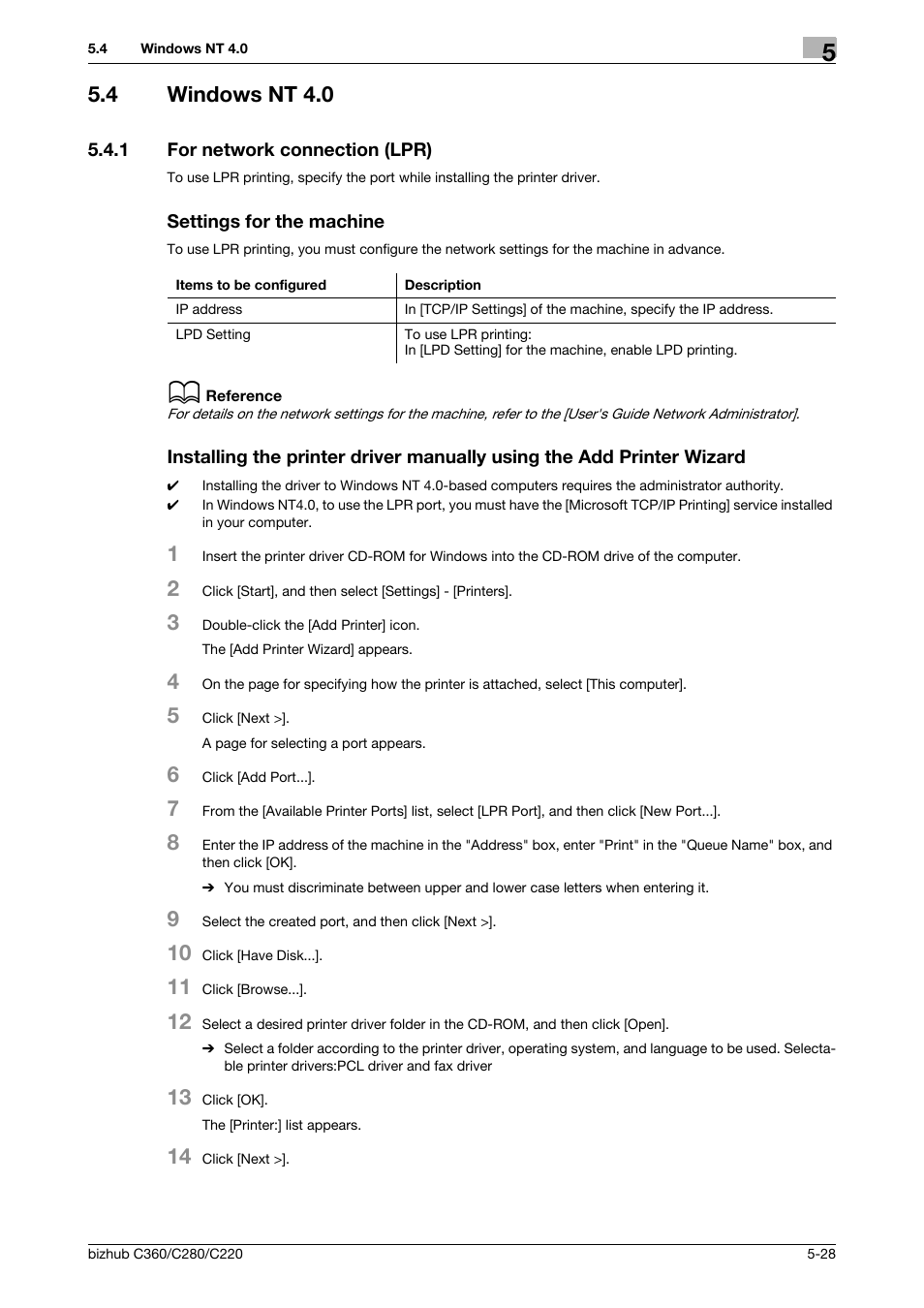 4 windows nt 4.0, 1 for network connection (lpr), Settings for the machine | Windows nt 4.0 -28 | Konica Minolta BIZHUB C360 User Manual | Page 65 / 311