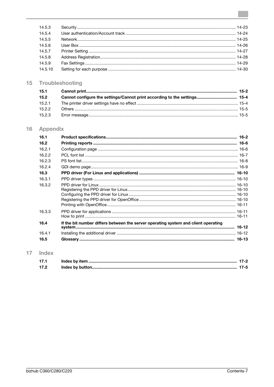 15 troubleshooting, 16 appendix, 17 index | Konica Minolta BIZHUB C360 User Manual | Page 8 / 311