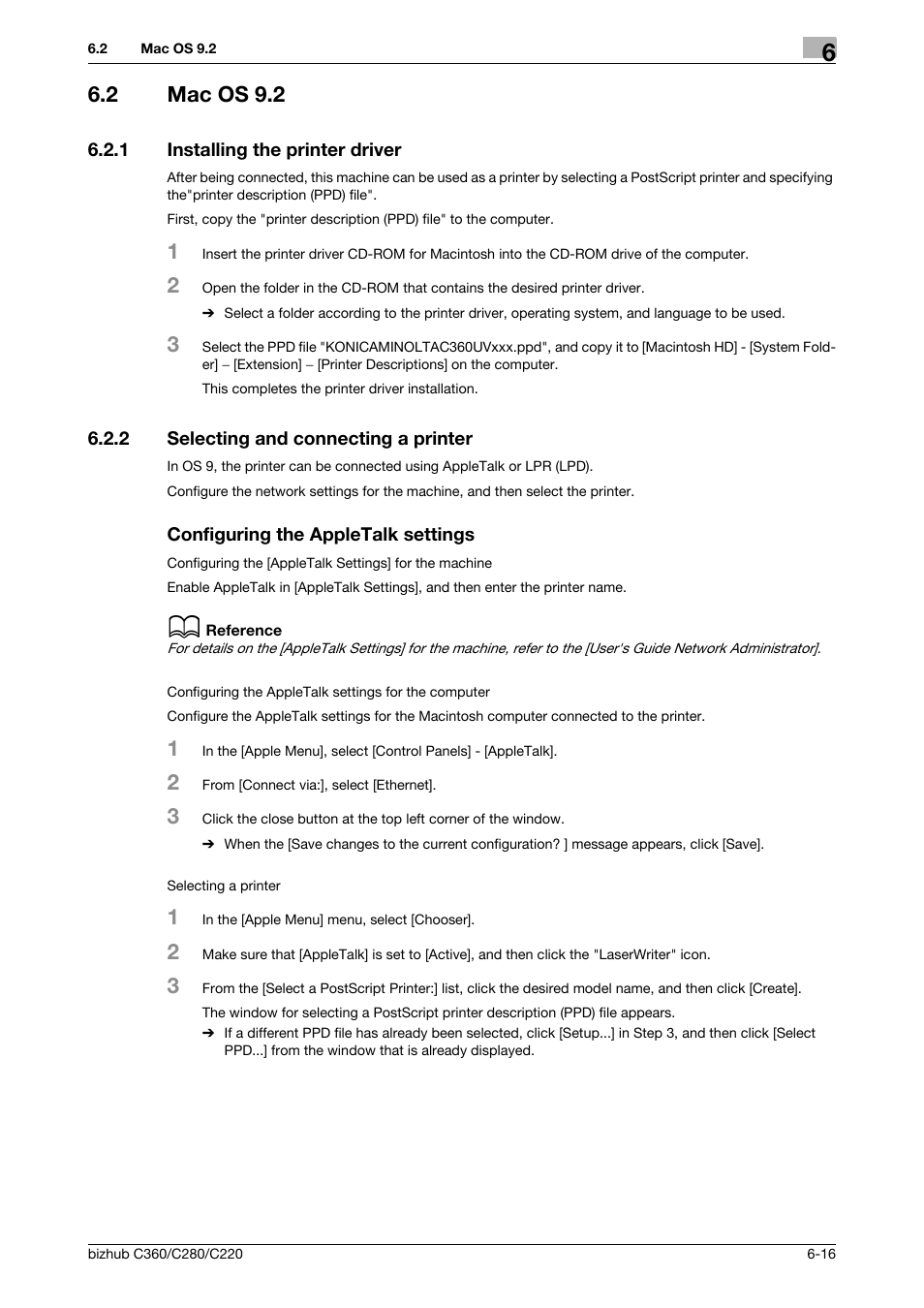 2 mac os 9.2, 1 installing the printer driver, 2 selecting and connecting a printer | Configuring the appletalk settings, Mac os 9.2 -16, Installing the printer driver -16 | Konica Minolta BIZHUB C360 User Manual | Page 82 / 311