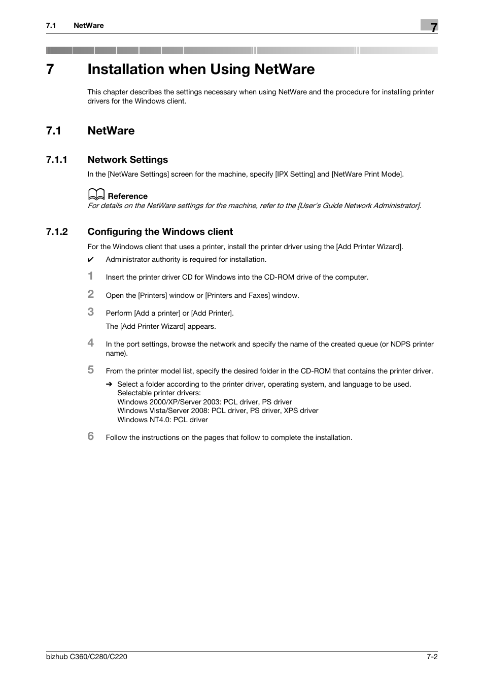 7 installation when using netware, 1 netware, 1 network settings | 2 configuring the windows client, Installation when using netware, Netware -2, Network settings -2, Configuring the windows client -2, 7installation when using netware | Konica Minolta BIZHUB C360 User Manual | Page 86 / 311