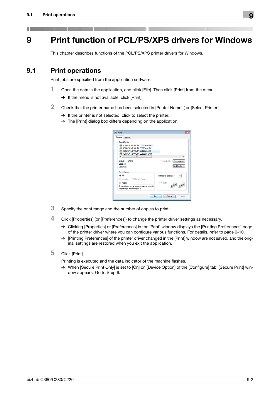 9 print function of pcl/ps/xps drivers for windows, 1 print operations, Print function of pcl/ps/xps drivers for windows | Print operations -2, 9print function of pcl/ps/xps drivers for windows | Konica Minolta BIZHUB C360 User Manual | Page 92 / 311
