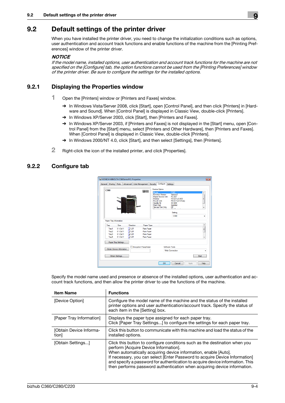 2 default settings of the printer driver, 1 displaying the properties window, 2 configure tab | Default settings of the printer driver -4, Displaying the properties window -4, Configure tab -4 | Konica Minolta BIZHUB C360 User Manual | Page 94 / 311