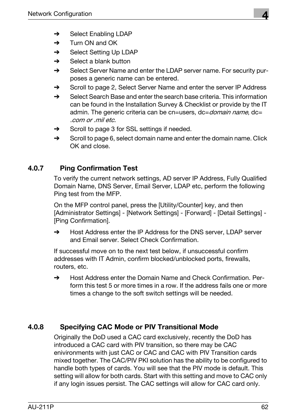 7 ping confirmation test, 8 specifying cac mode or piv transitional mode | Konica Minolta bizhub 421 User Manual | Page 17 / 25