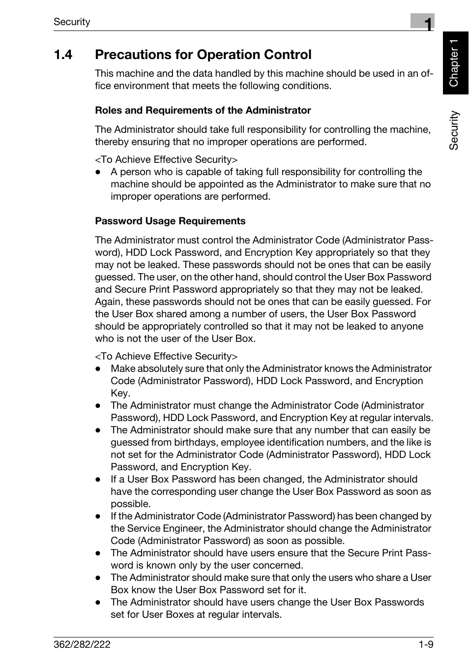 4 precautions for operation control, Roles and requirements of the administrator, Password usage requirements | Precautions for operation control -9 | Konica Minolta bizhub 282 User Manual | Page 14 / 90