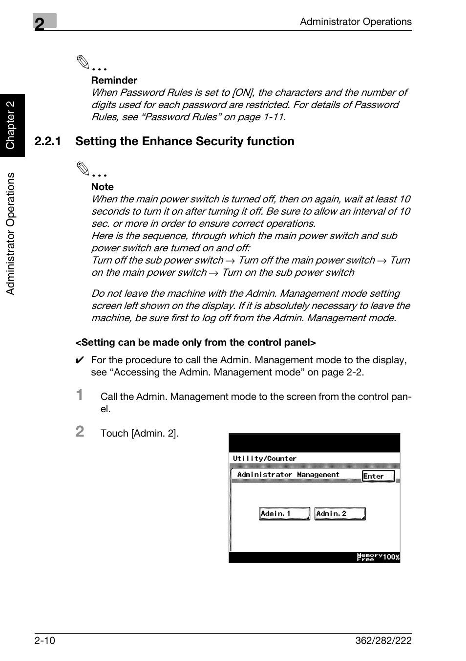1 setting the enhance security function, Setting can be made only from the control panel | Konica Minolta bizhub 282 User Manual | Page 27 / 90