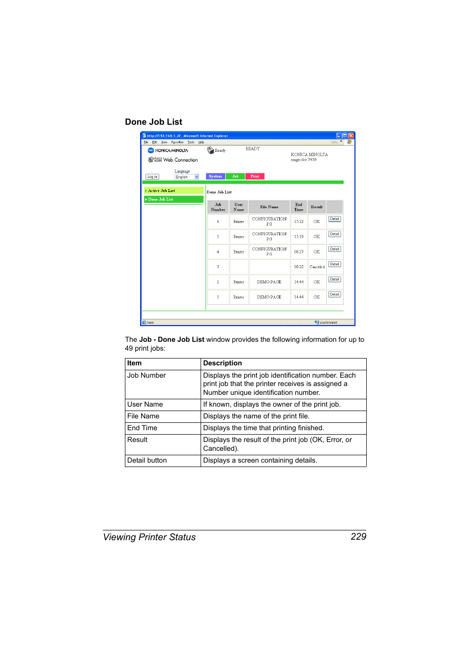 Done job list, Done job list 229, Viewing printer status 229 | Konica Minolta magicolor 7450 II User Manual | Page 249 / 350