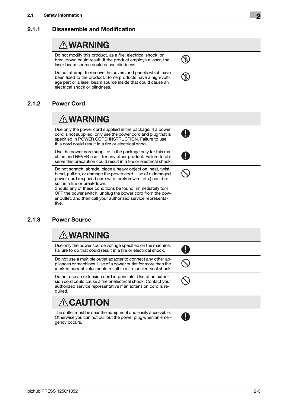1 disassemble and modification, 2 power cord, 3 power source | Disassemble and modification -3, Power cord -3, Power source -3 | Konica Minolta bizhub PRESS 1250 User Manual | Page 13 / 52