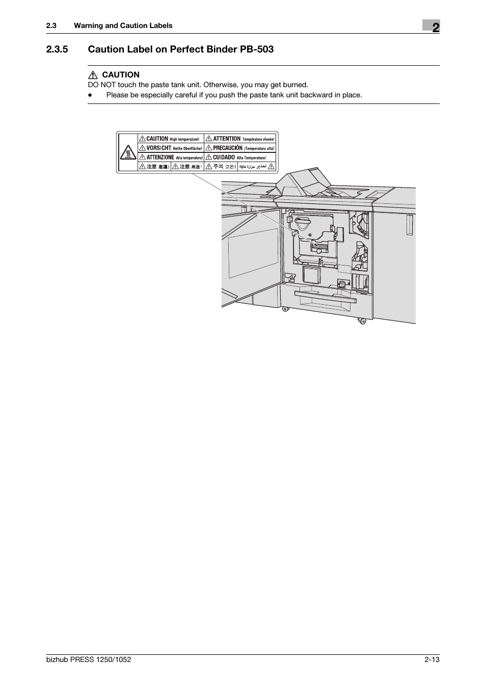 5 caution label on perfect binder pb-503, Caution label on perfect binder pb-503 -13 | Konica Minolta bizhub PRESS 1250 User Manual | Page 23 / 52