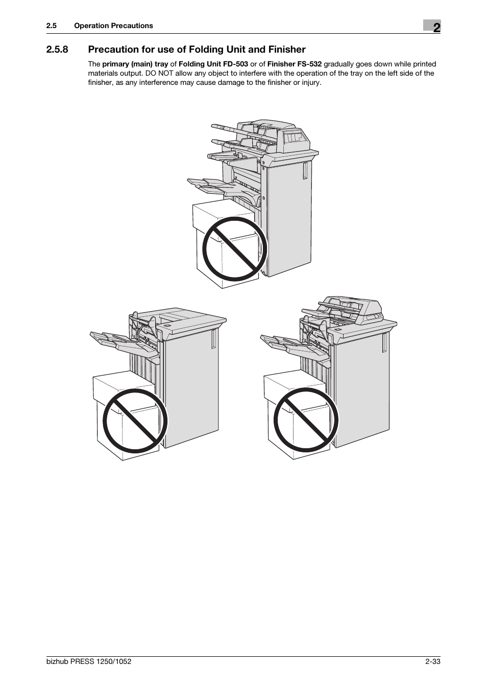8 precaution for use of folding unit and finisher | Konica Minolta bizhub PRESS 1250 User Manual | Page 43 / 52