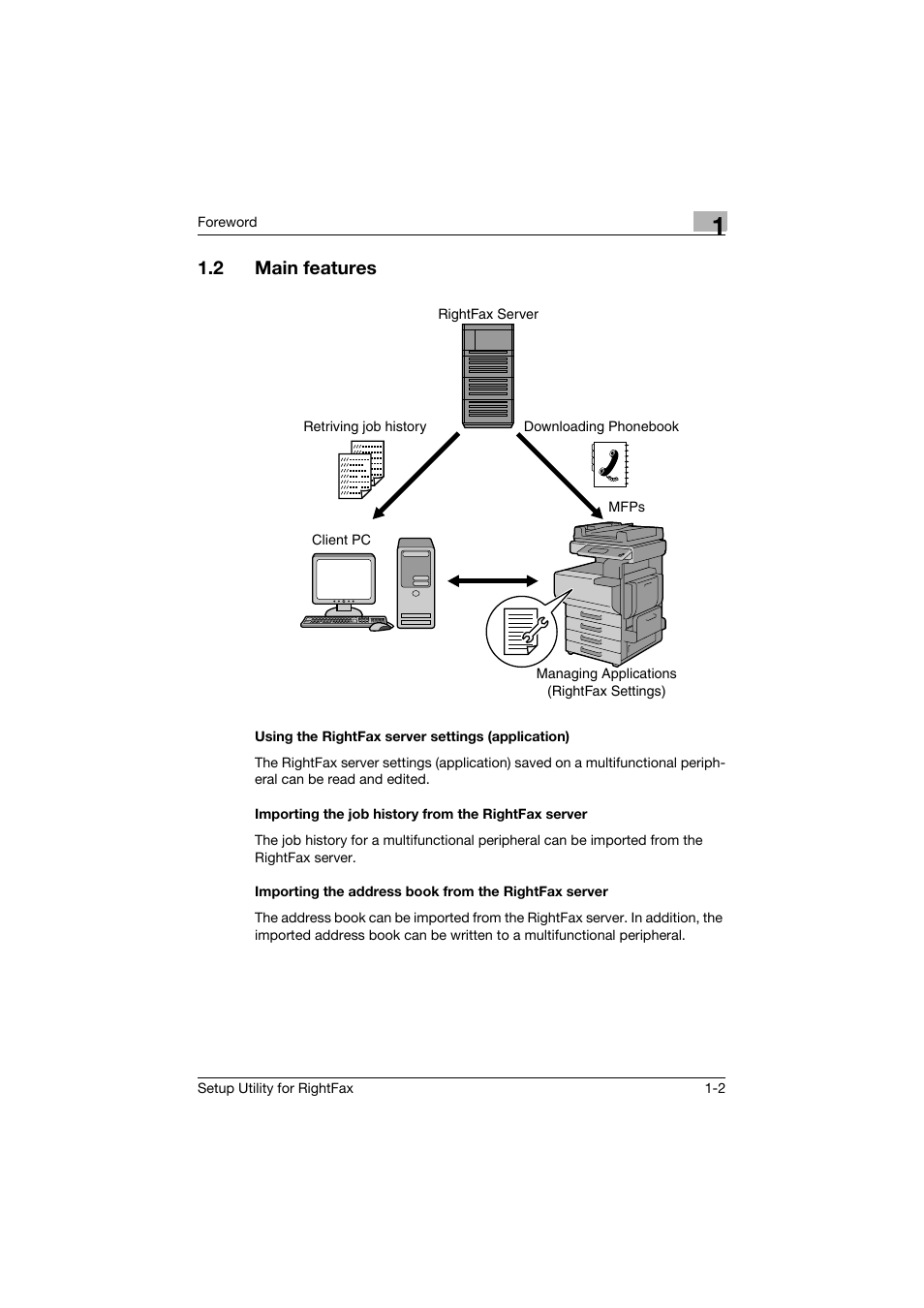 2 main features, Using the rightfax server settings (application), Importing the job history from the rightfax server | Main features -2 | Konica Minolta bizhub 751 User Manual | Page 7 / 65