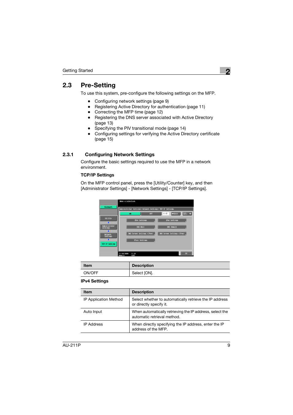 3 pre-setting, 1 configuring network settings, Pre-setting | Configuring network settings | Konica Minolta AU-211P User Manual | Page 10 / 65