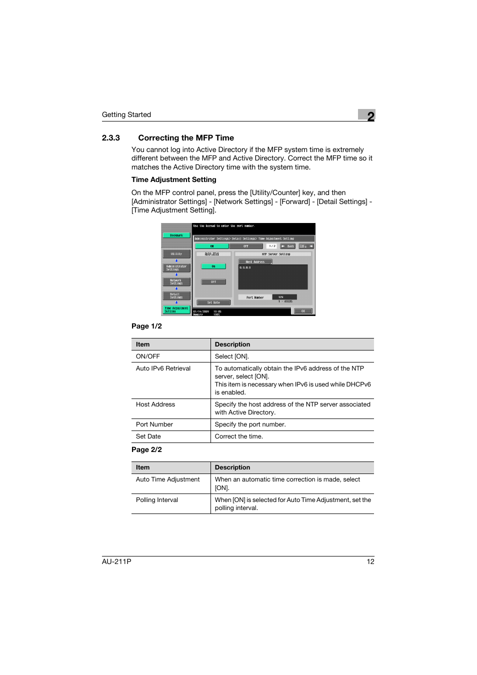3 correcting the mfp time, Correcting the mfp time | Konica Minolta AU-211P User Manual | Page 13 / 65