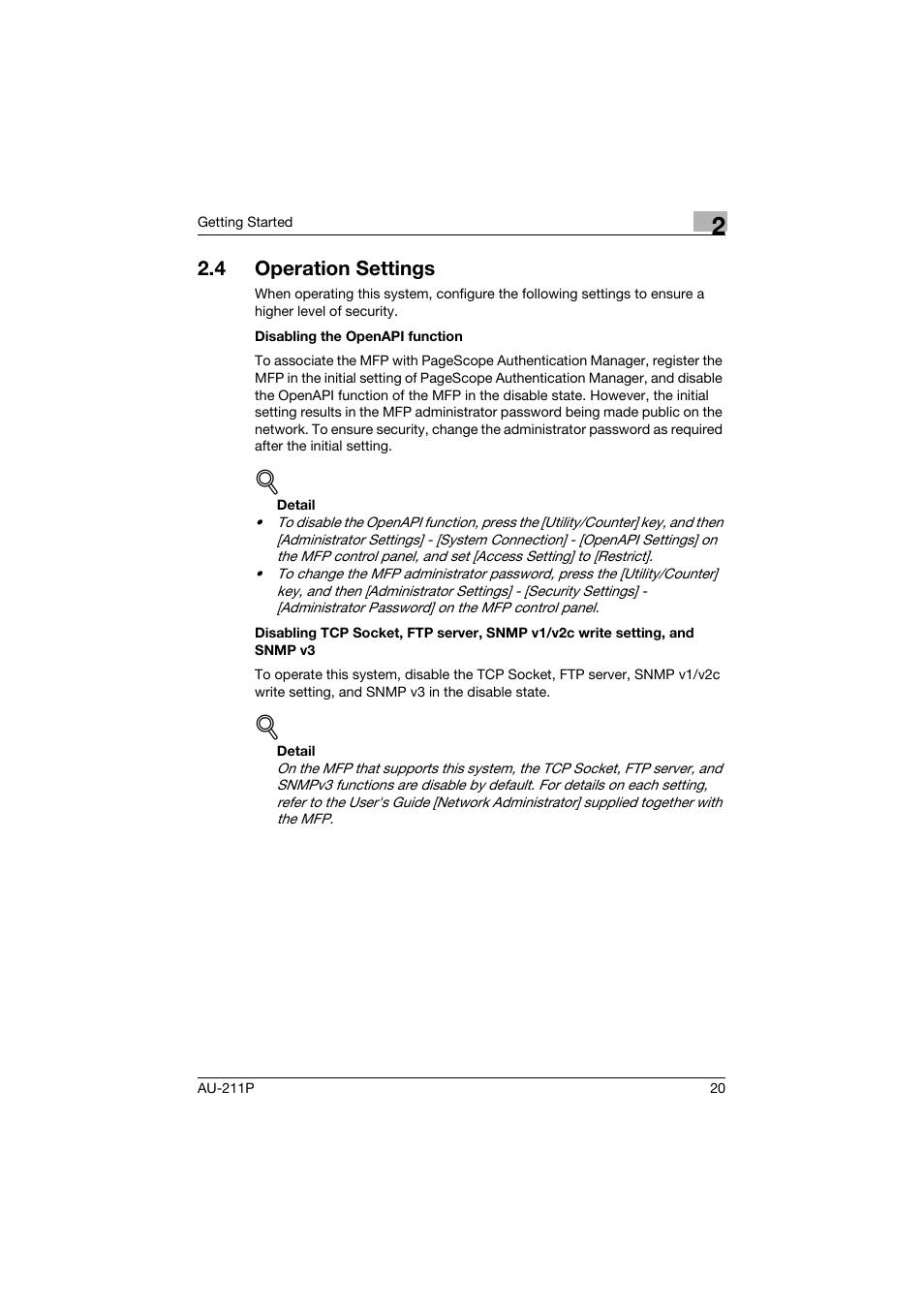 4 operation settings, Operation settings | Konica Minolta AU-211P User Manual | Page 21 / 65
