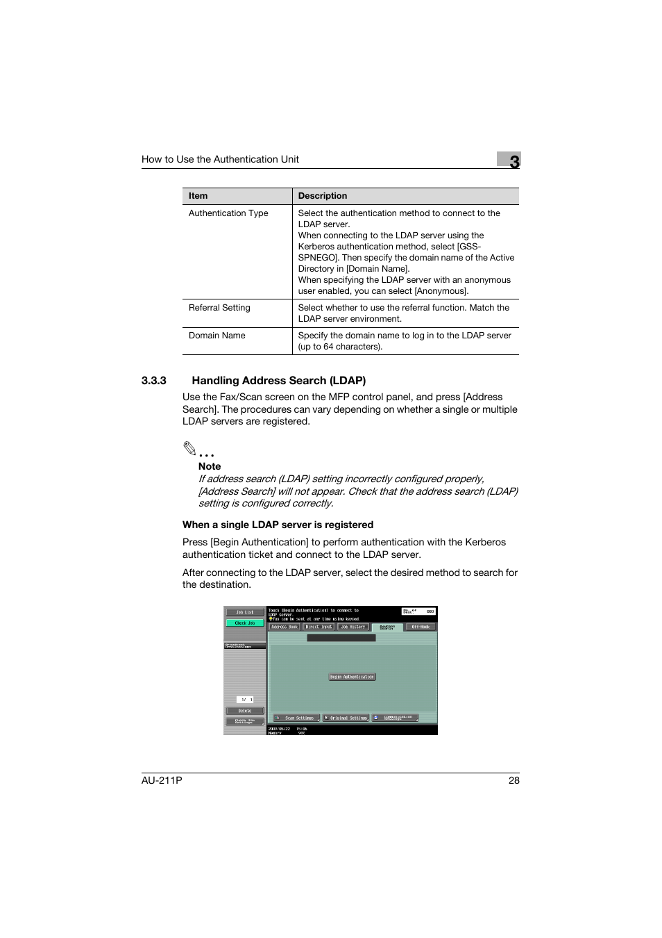 3 handling address search (ldap), Handling address search (ldap) | Konica Minolta AU-211P User Manual | Page 29 / 65
