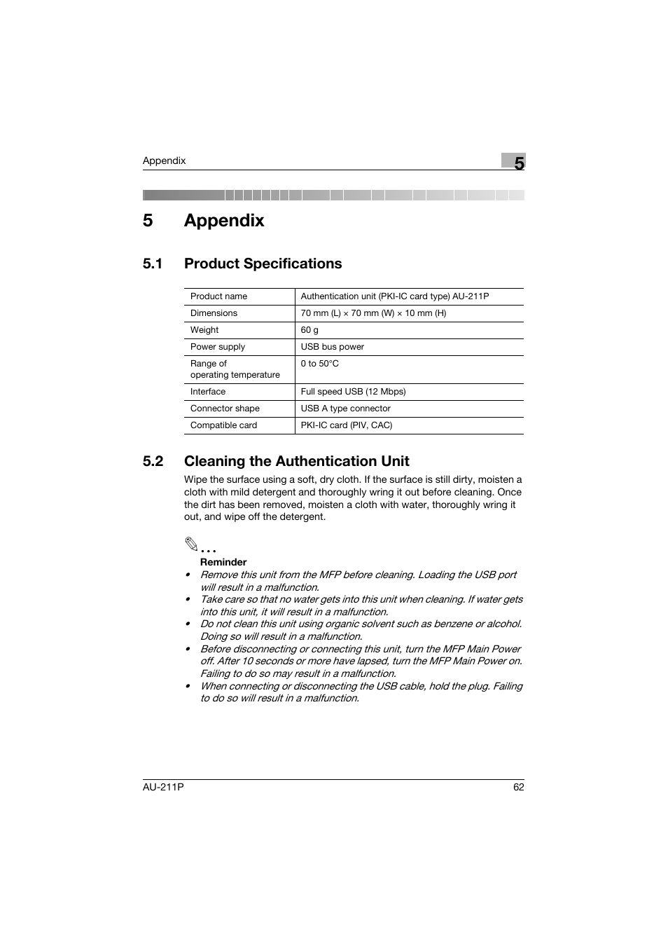 5 appendix, 1 product specifications, 2 cleaning the authentication unit | Appendix, Product specifications, Cleaning the authentication unit, 5appendix | Konica Minolta AU-211P User Manual | Page 63 / 65