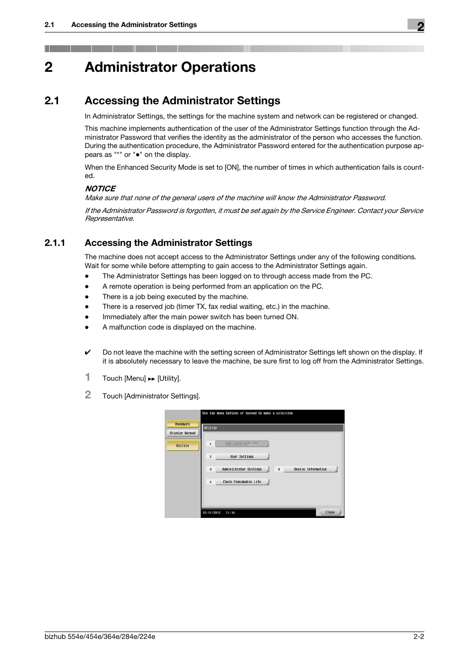 2 administrator operations, 1 accessing the administrator settings, Administrator operations | Accessing the administrator settings -2, 2administrator operations | Konica Minolta bizhub 364e User Manual | Page 15 / 58