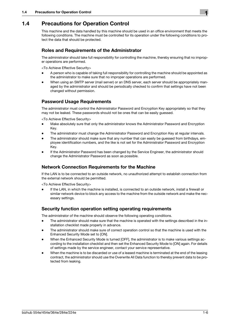 4 precautions for operation control, Roles and requirements of the administrator, Password usage requirements | Network connection requirements for the machine | Konica Minolta bizhub 364e User Manual | Page 9 / 58